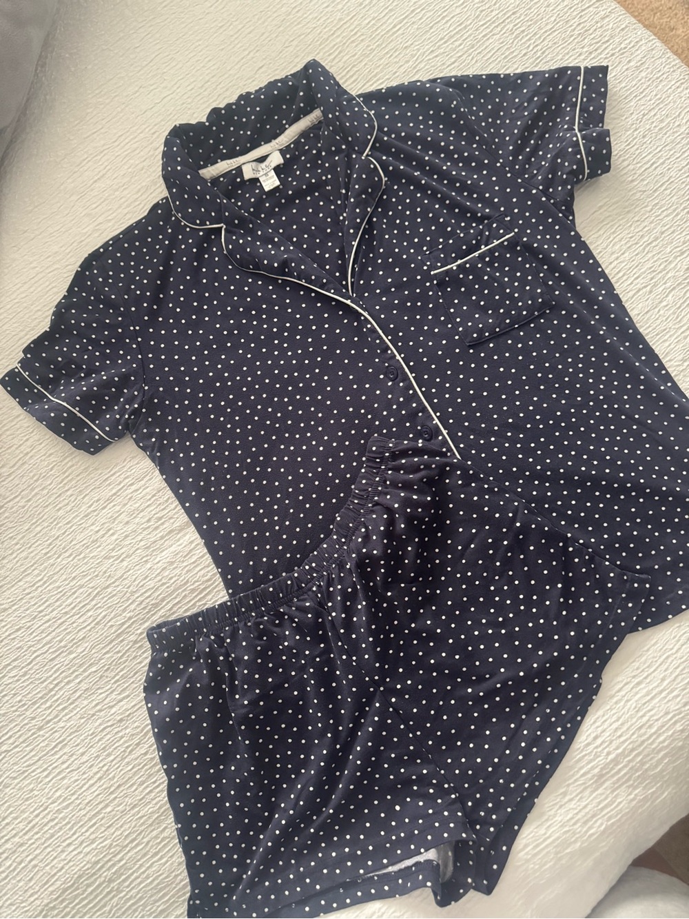 Navy Polka Dot Short Pajama Set with Piping